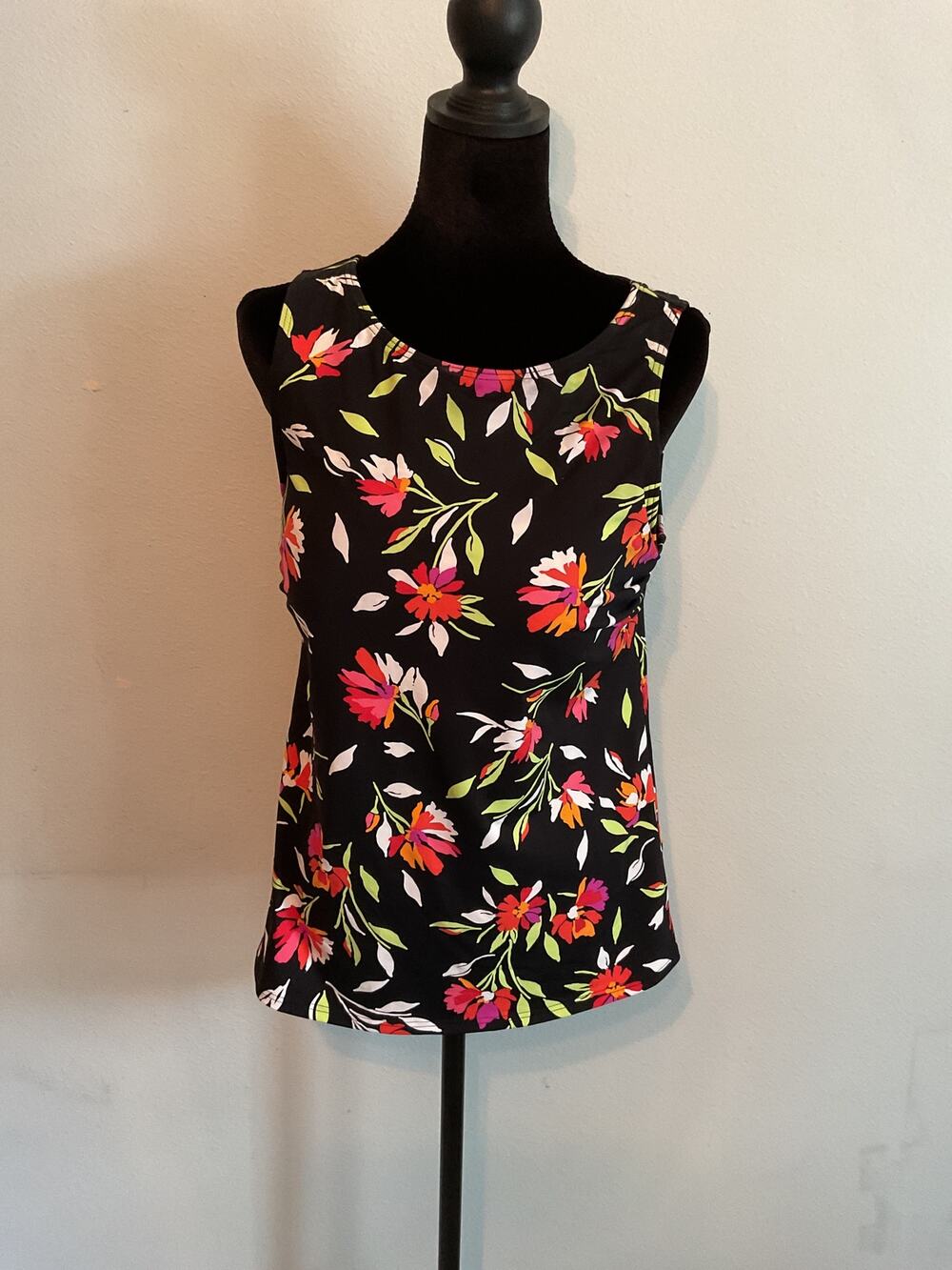 Lands End Womens Tankini Swim Top High Neck Floral Black Pink UPF 50 Swimsuit
